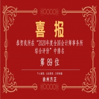 全國會計師事務(wù)所綜合評價排名公布，我公司位列89名！
